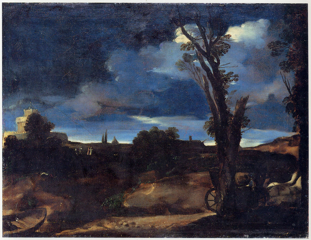 Paesaggio al chiaro di luna dipinto - Il Guercino Paesaggio al chiaro di luna dipinto del Guercino